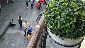 A bustling urban square with a glass-roofed structure, a potted plant, and people walking. - Pension Balerdi (San Sebastián)
