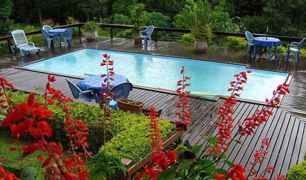 Alberca al aire libre y camastros 