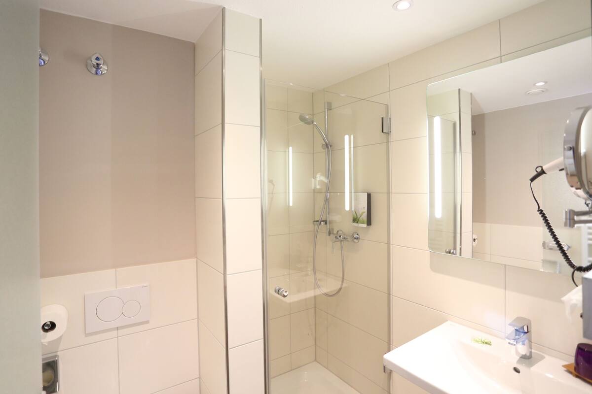 shower, eco-friendly toiletries, hair dryer, towels