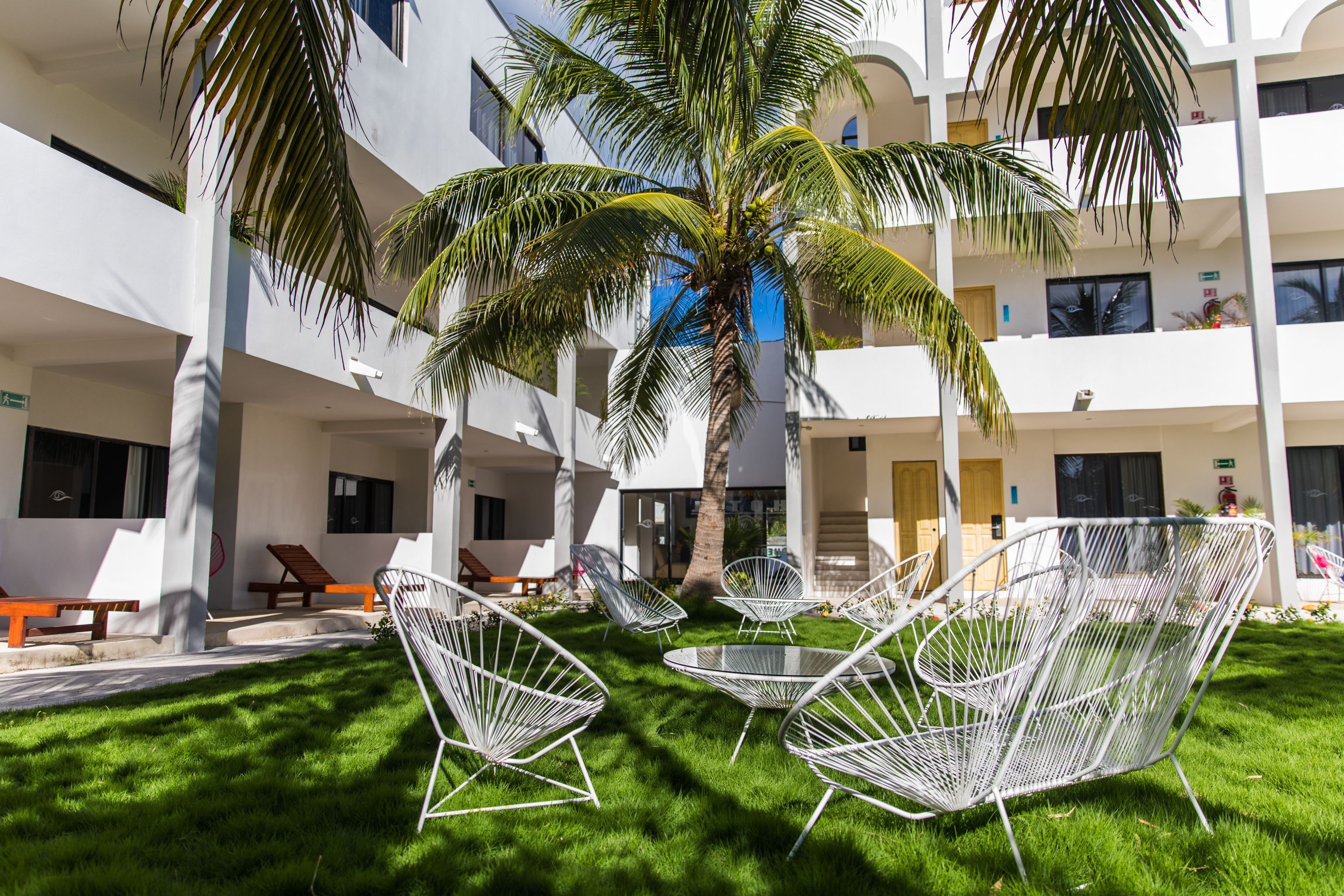 Un patio con sillas de metal blanco, una palmera y un edificio con balcones.