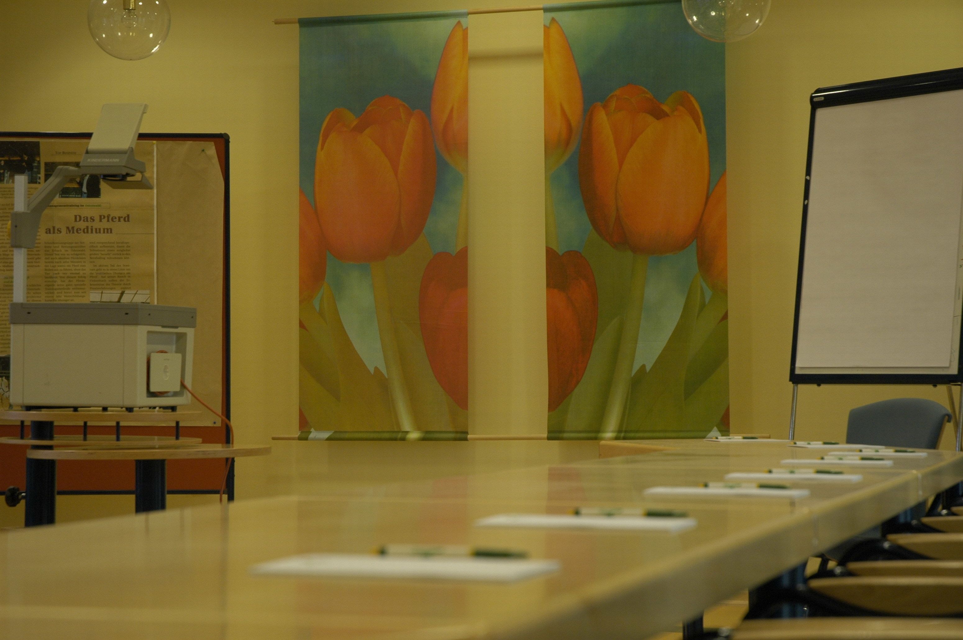 Una sala de conferències amb una taula llarga, un projecte i una pissarra.