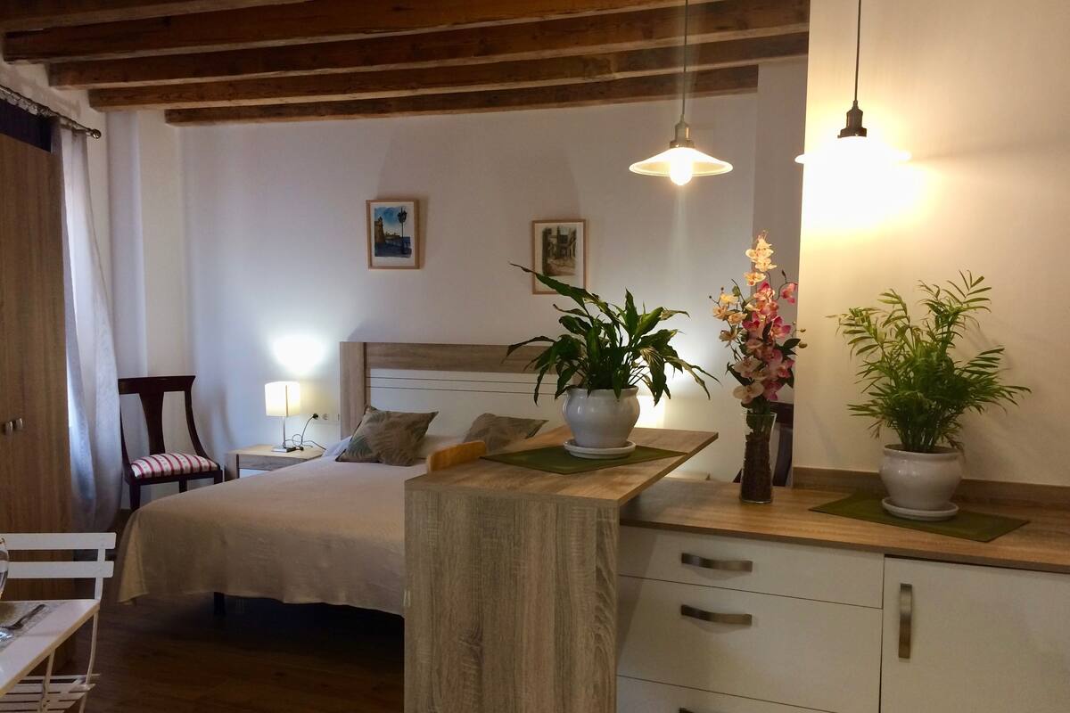 A bedroom with a bed, bedside table, lamp, and two potted plants.