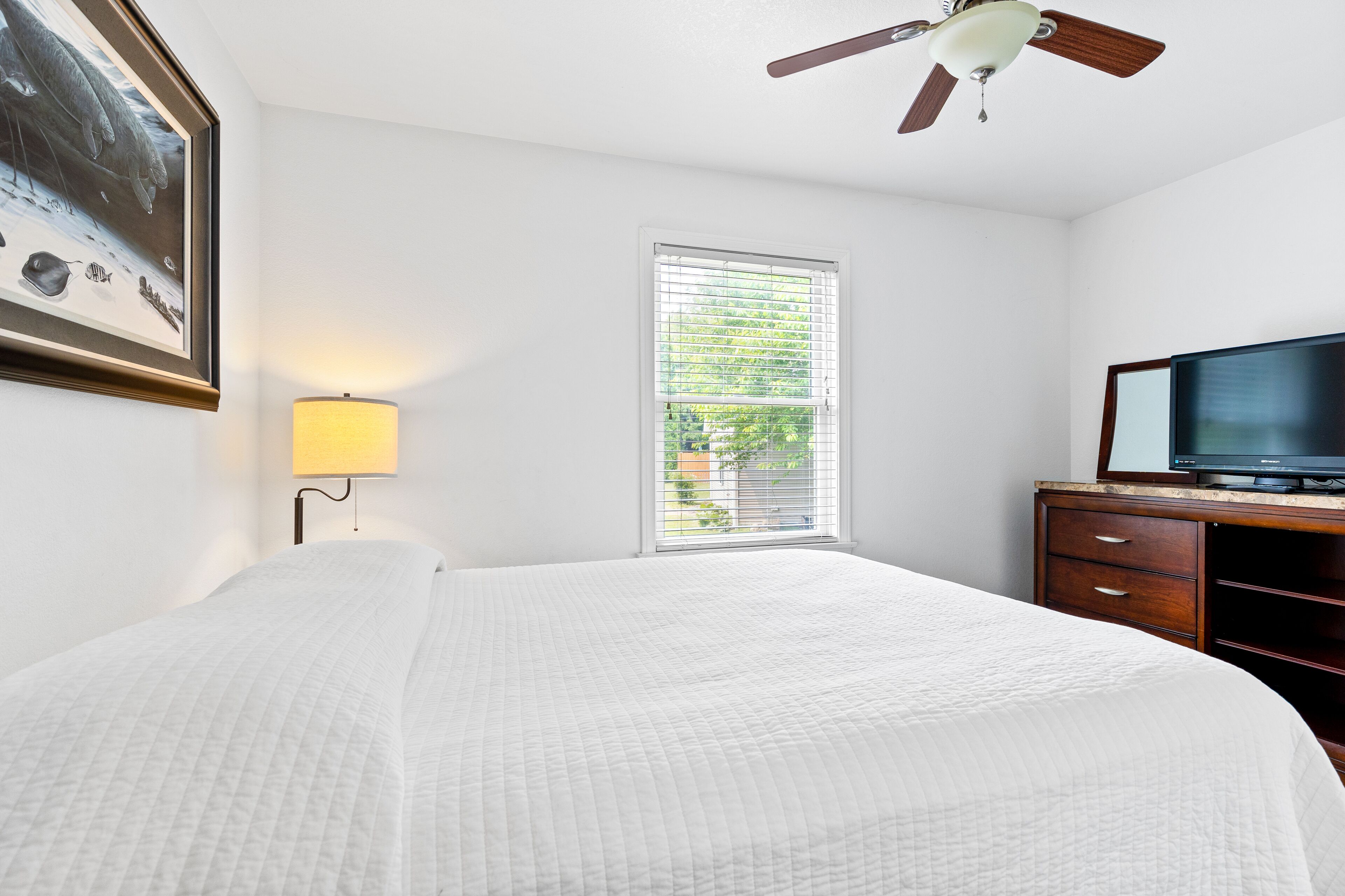 A bedroom with a bed, a ceiling fan, a window with blinds, a TV on a wooden cabinet, and a framed picture on the wall.