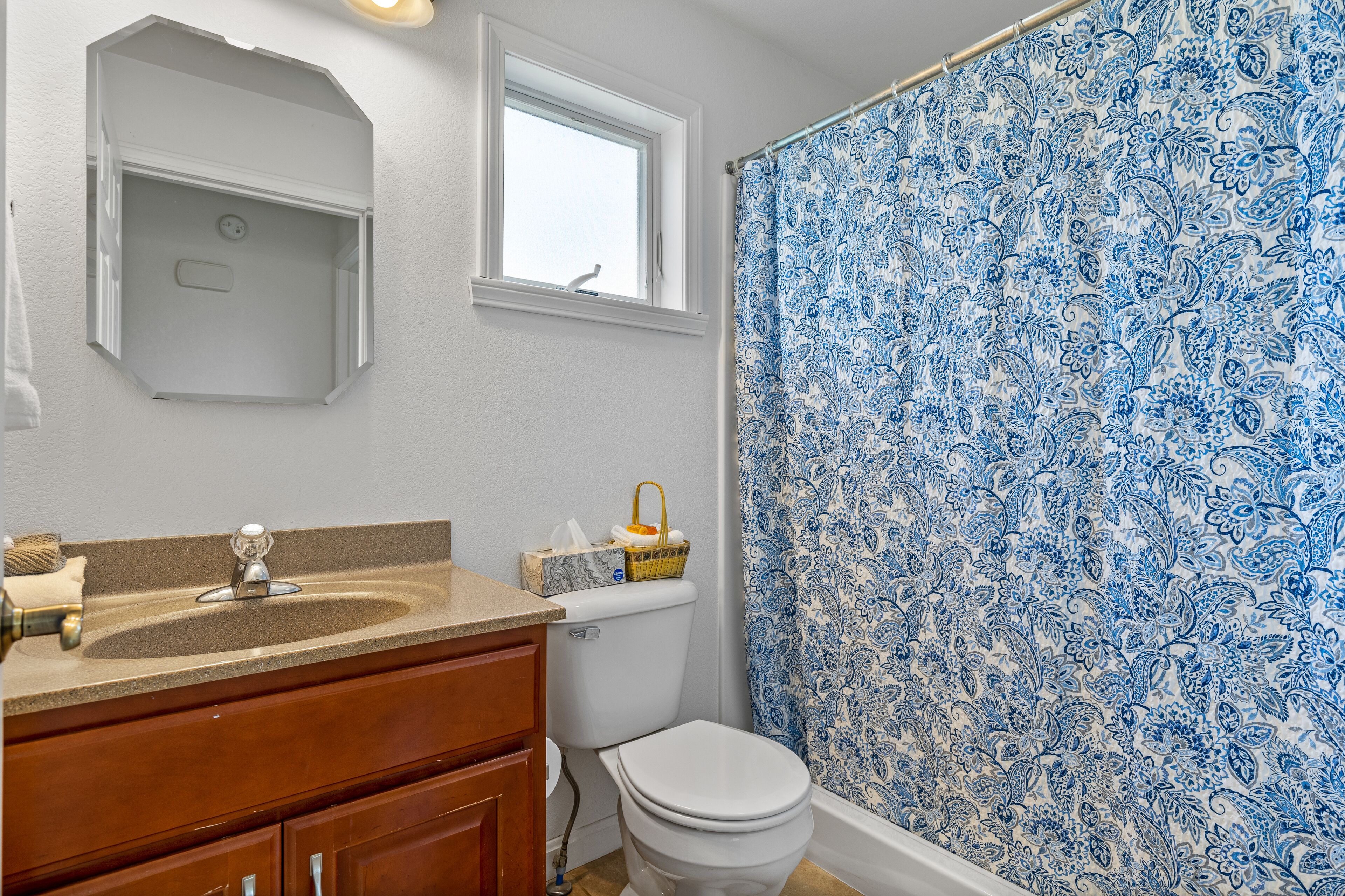 A bathroom with a toilet, sink, and a shower curtain with a blue floral pattern.