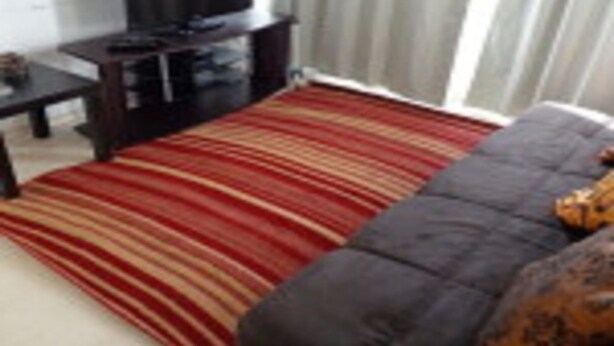 Una habitación con una cama, un televisor sobre un mueble, un tapete a rayas rojas y una ventana con cortinas.