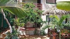 A house with a thatched roof, surrounded by lush greenery and palm trees.