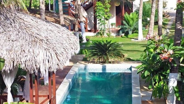 A pool area with a thatched roof structure, surrounded by lush greenery and palm trees.