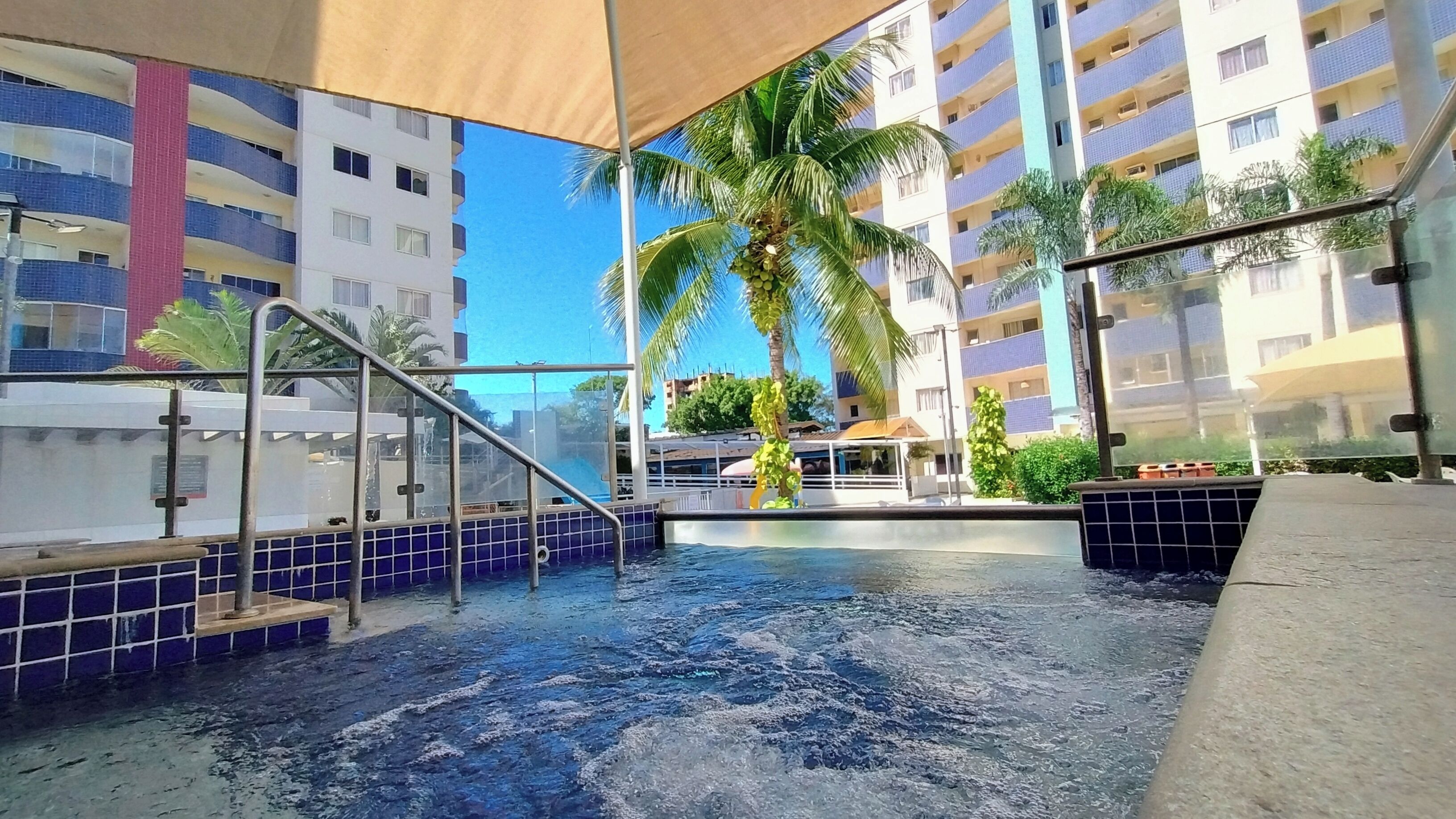 Piscina interna com paredes azulejadas e uma palmeira ao fundo.