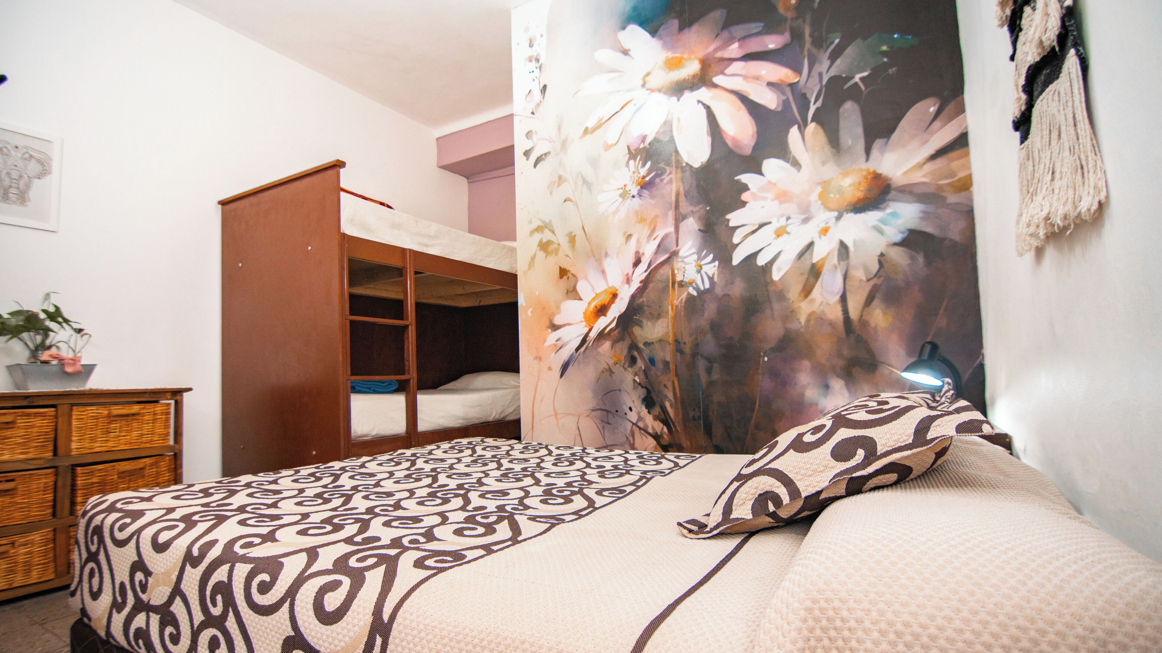Een slaapkamer met een stapelbed, een bed met een patroon, een bloemen wandtapijt, een bedlampje en een houten dressoir met een plant.