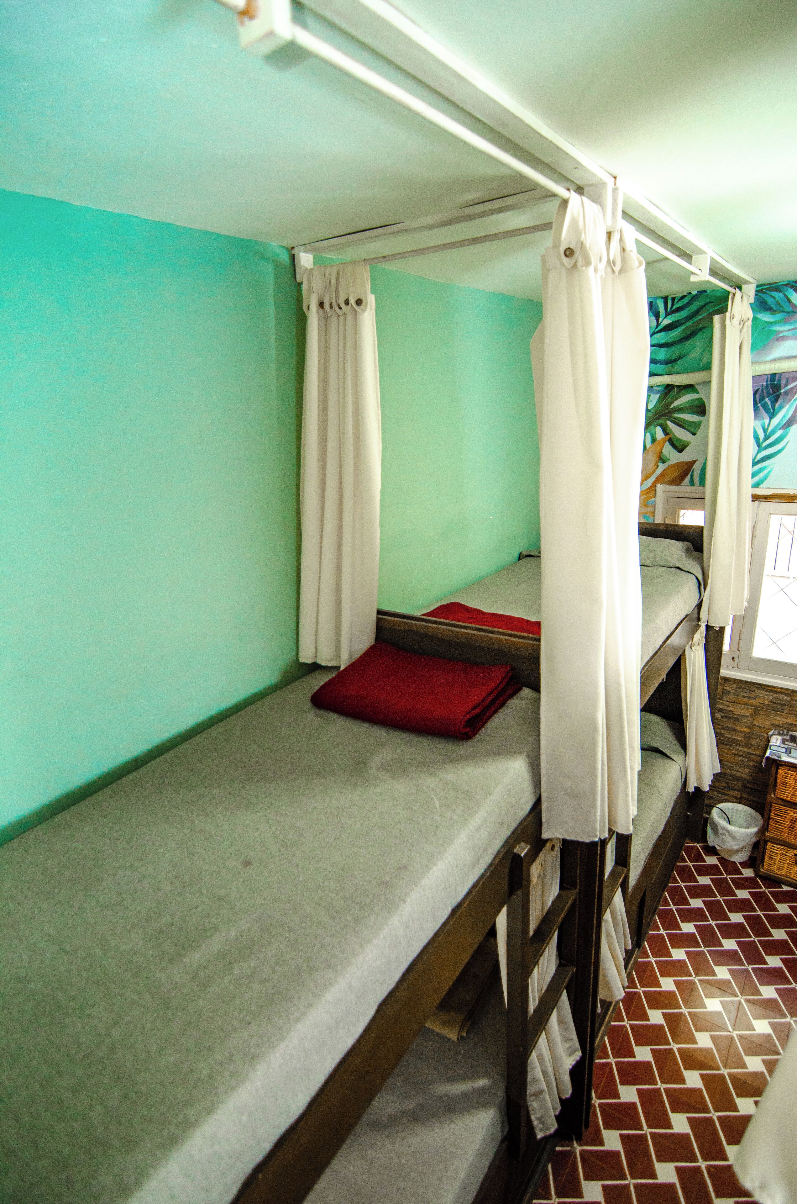 A bunk bed with a red pillow, white curtains, and a window with a plant decoration.