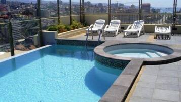 Seasonal outdoor pool, pool loungers