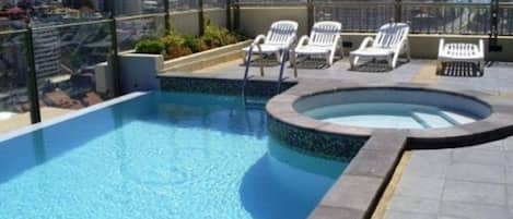 Seasonal outdoor pool, sun loungers