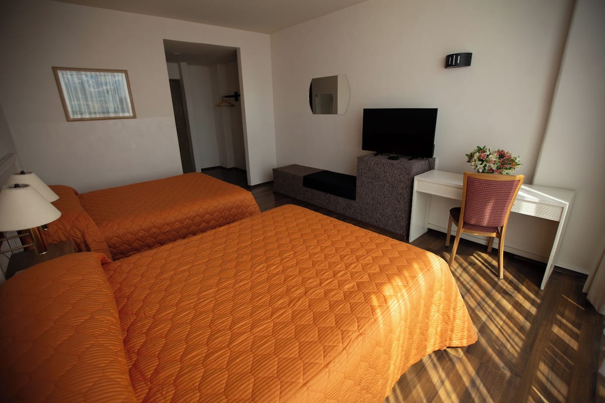 Ein Hotelzimmer mit zwei Betten, einem Schreibtisch, einem Fernseher und einem Sessel mit Blumen.