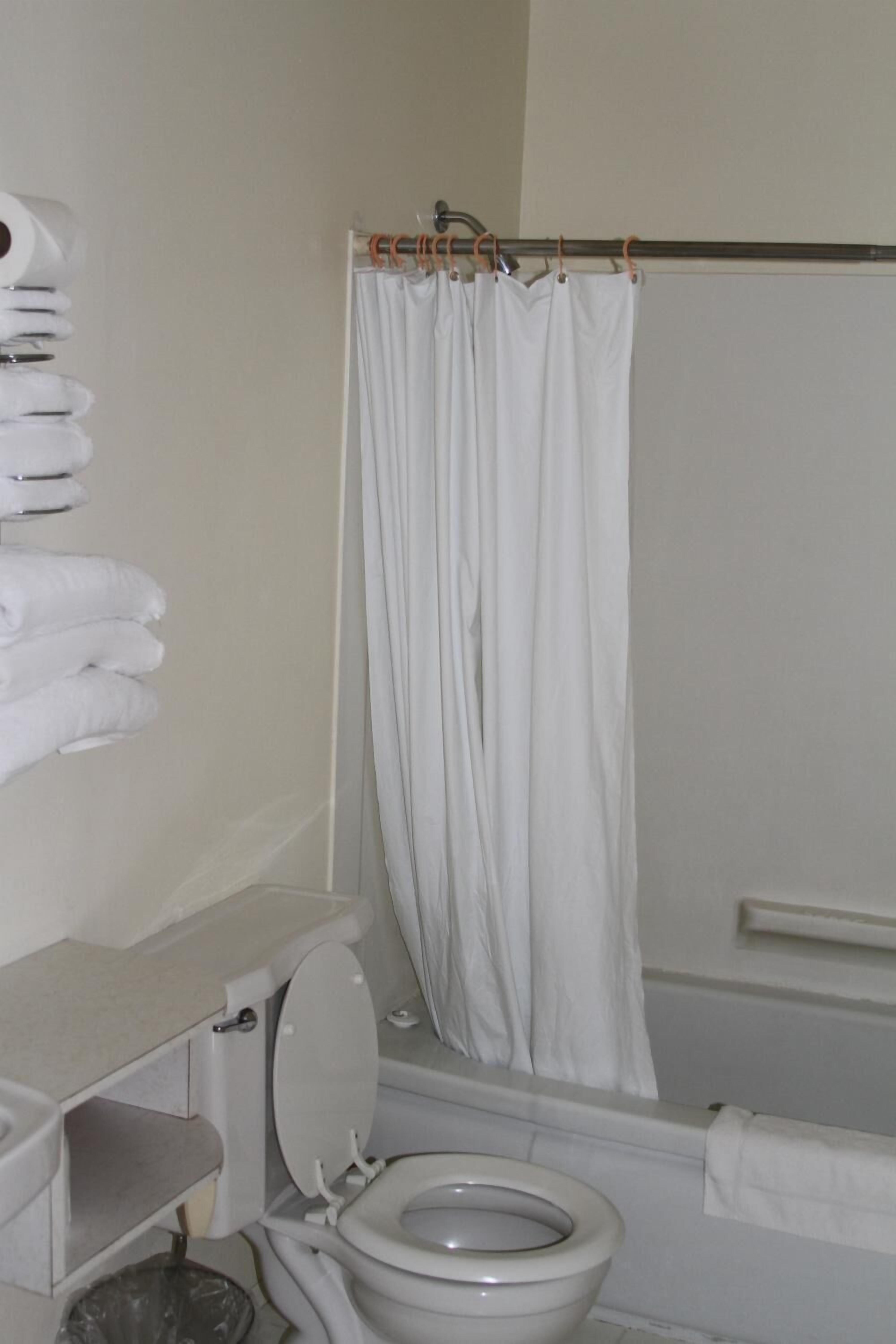Une salle de bain équipée de toilettes, d’une baignoire et d’un rideau de douche.