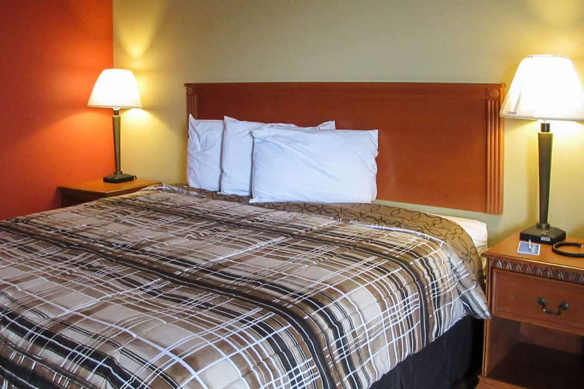 A hotel room with a bed, two nightstands, and two lamps.