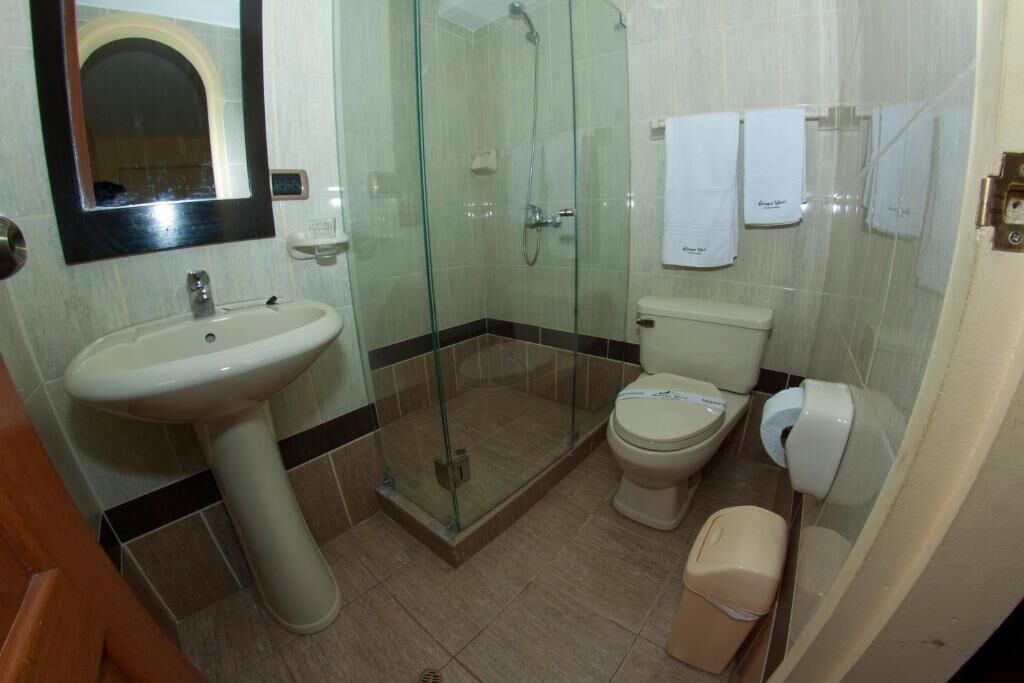 A bathroom with a glass-enclosed shower, a sink, a toilet, and a trash bin.