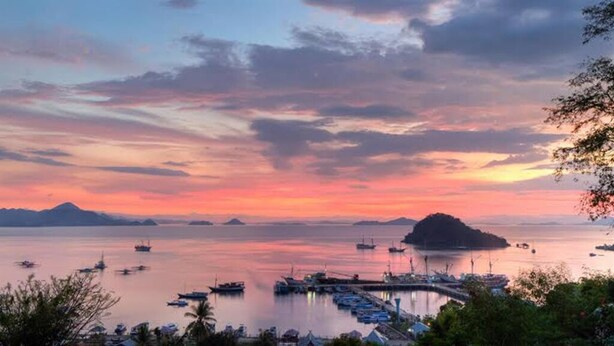 A coastal marina with boats docked, a pier, and a mountainous backdrop during sunset. - Eco Tree O'tel (Labuan Bajo)