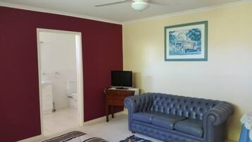 A living room with a blue sofa, a television on a wooden stand, and a framed picture on the wall.