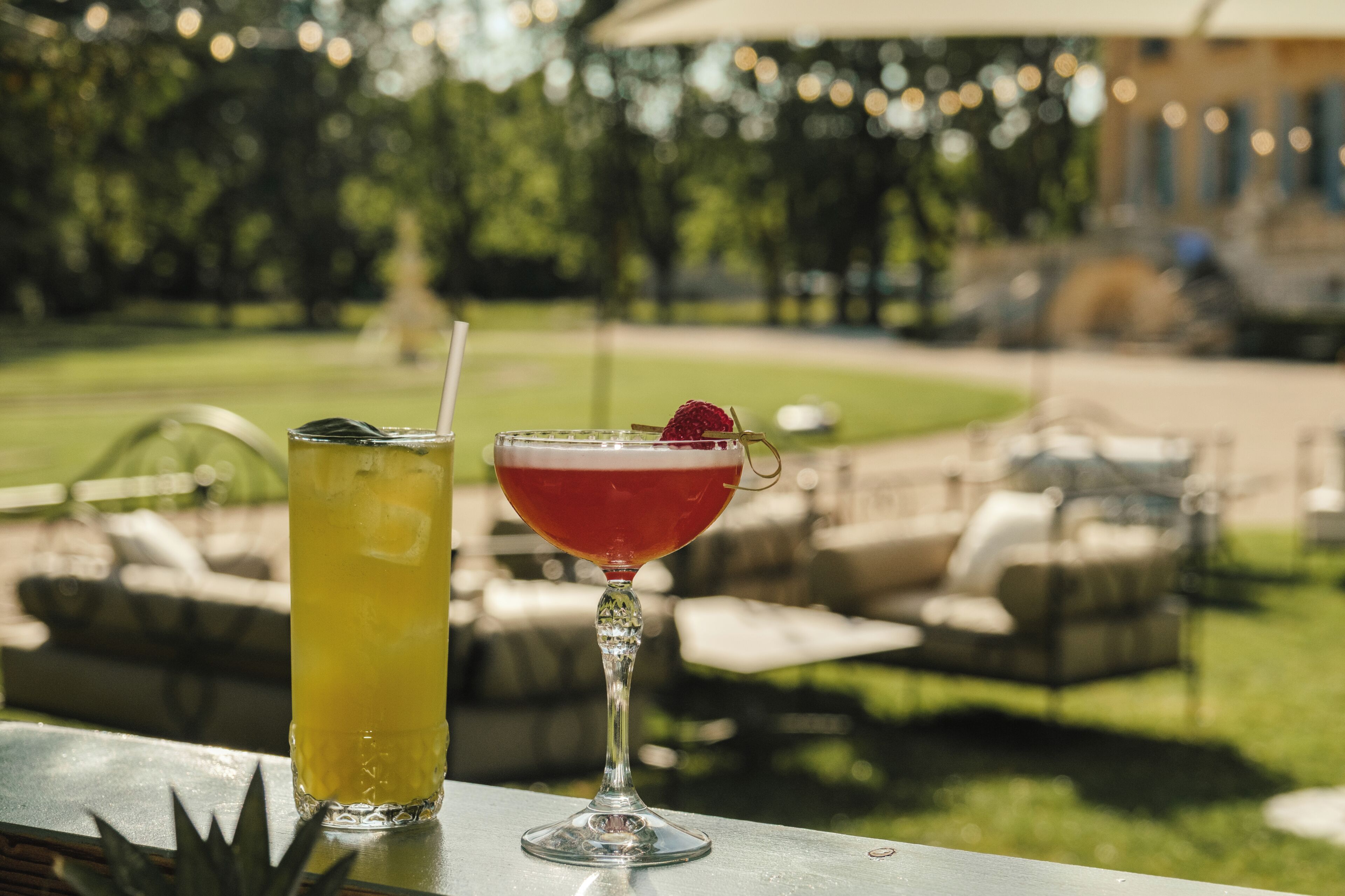 Two drinks on a table with a view of outdoor seating and greenery.
