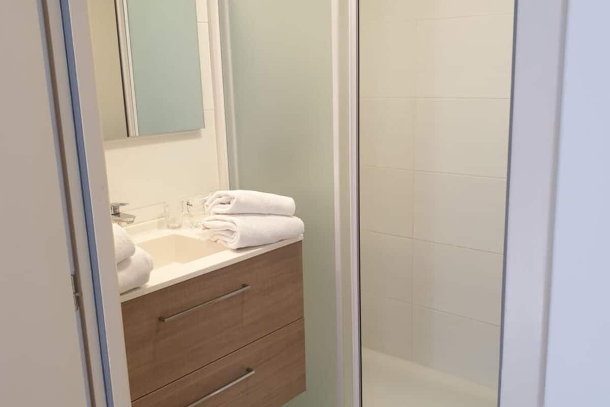 shower, free toiletries, hair dryer, towels