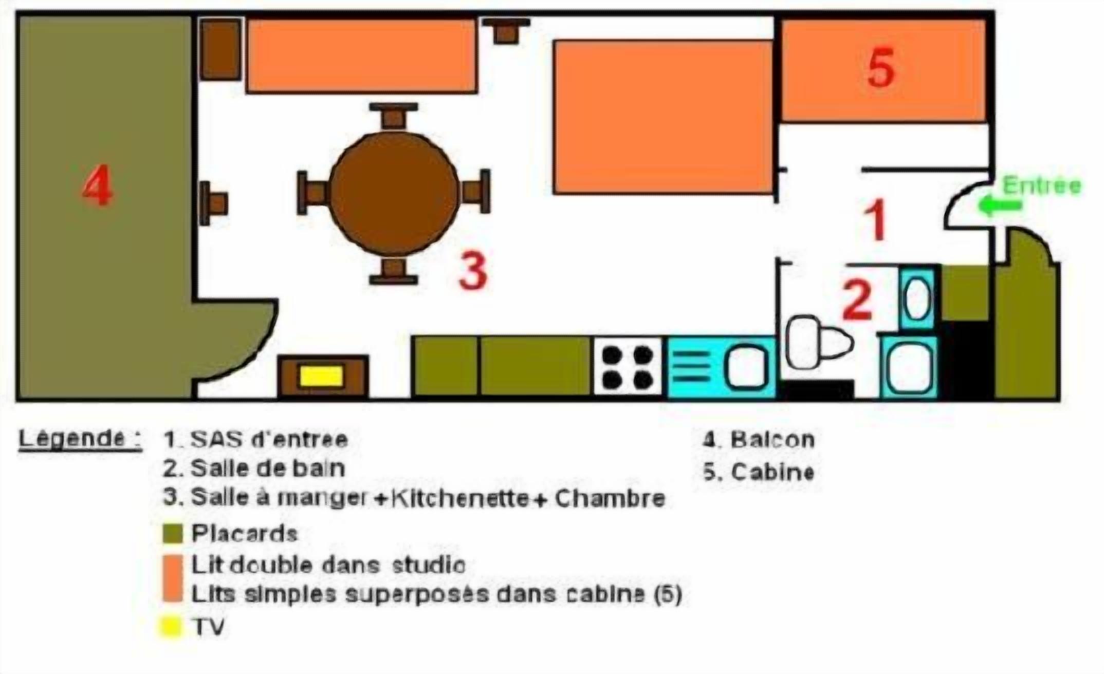 Distribución de una habitación de hotel con balcón, televisor, kitchenette, zona de comedor y baño.