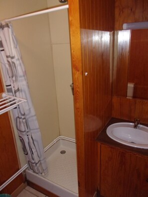 Chuveiro, secador de cabelo, toalhas de banho