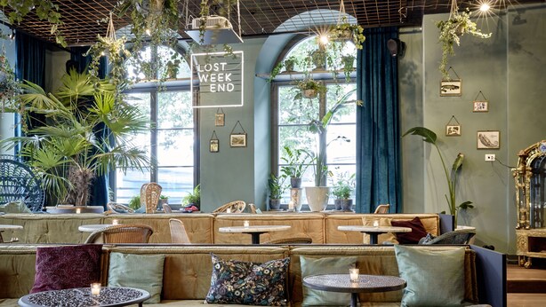 Een gezellig café met een geruit vloertje, comfortabele zitplaatsen, hangplanten en uitzicht op het omliggende landschap door grote ramen.