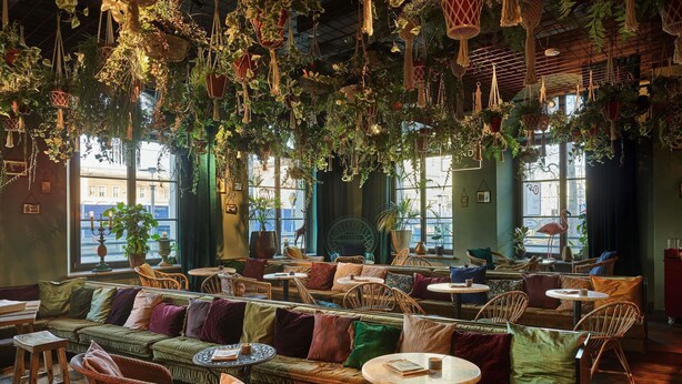 Un café chaleureux, avec des meubles en osier, des plantes suspendues et de grandes fenêtres.