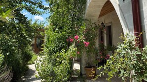 Un cortile con un vialetto in pietra, vegetazione lussureggiante e un edificio con un ingresso ad arco.