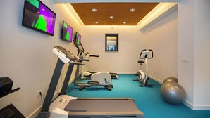 A fitness room with exercise equipment, a treadmill, and a large exercise ball. - Villa Diamond (Zupa dubrovacka)
