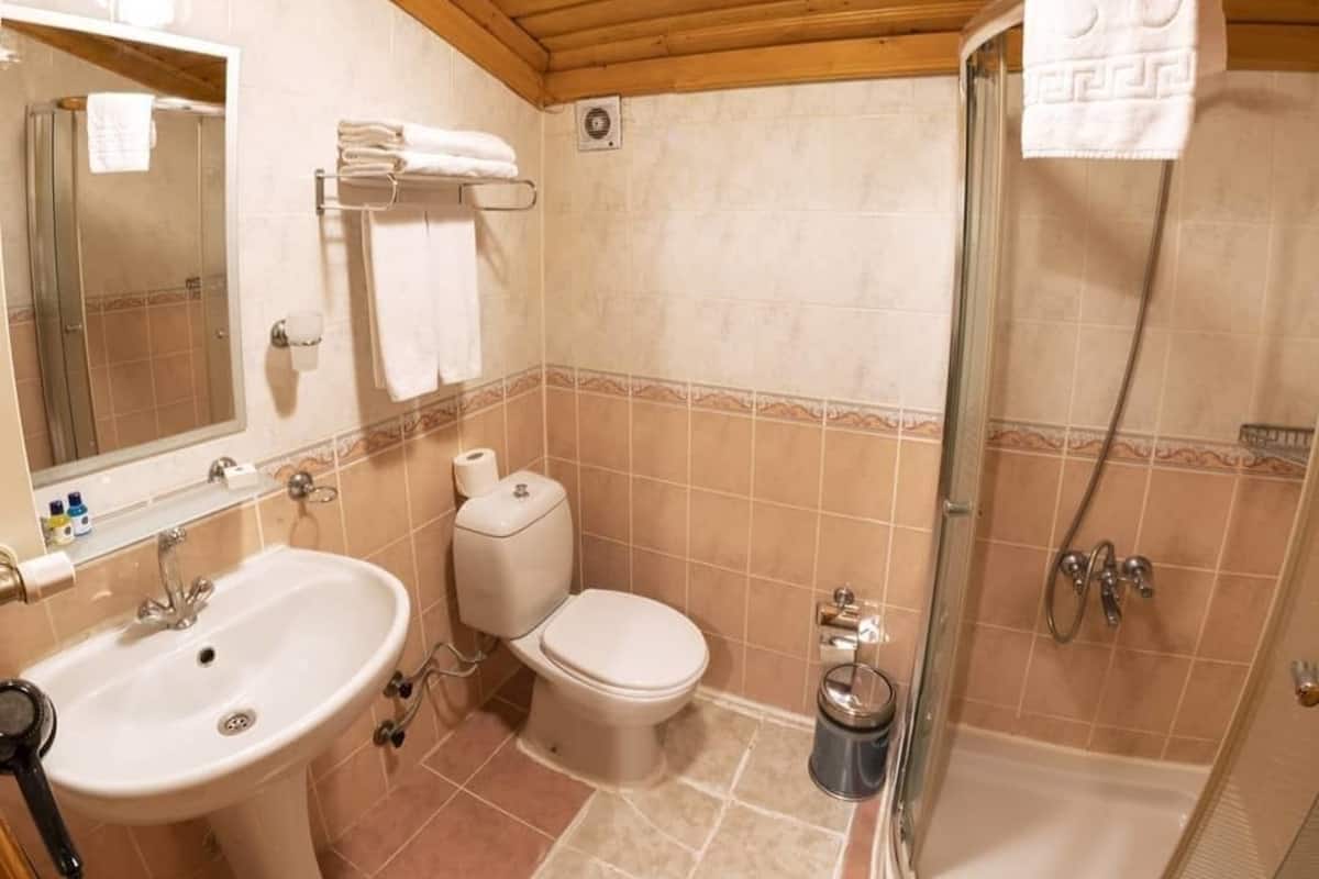 standard room | bathroom | shower, free toiletries, hair dryer, slippers