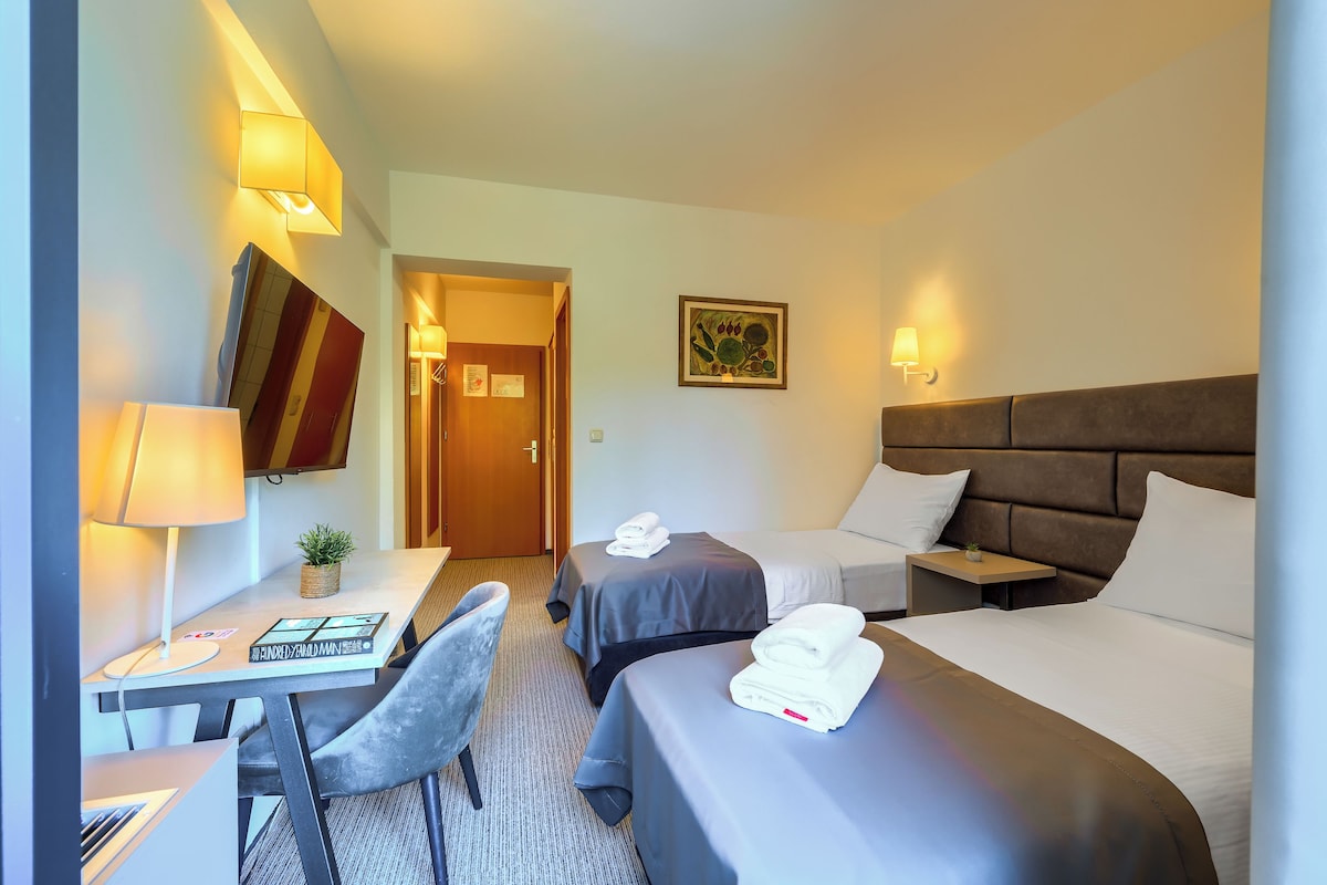 Hotelkamer met twee bedden, een bureau met stoel, een klein tafeltje met een plant en een schilderij aan de muur.