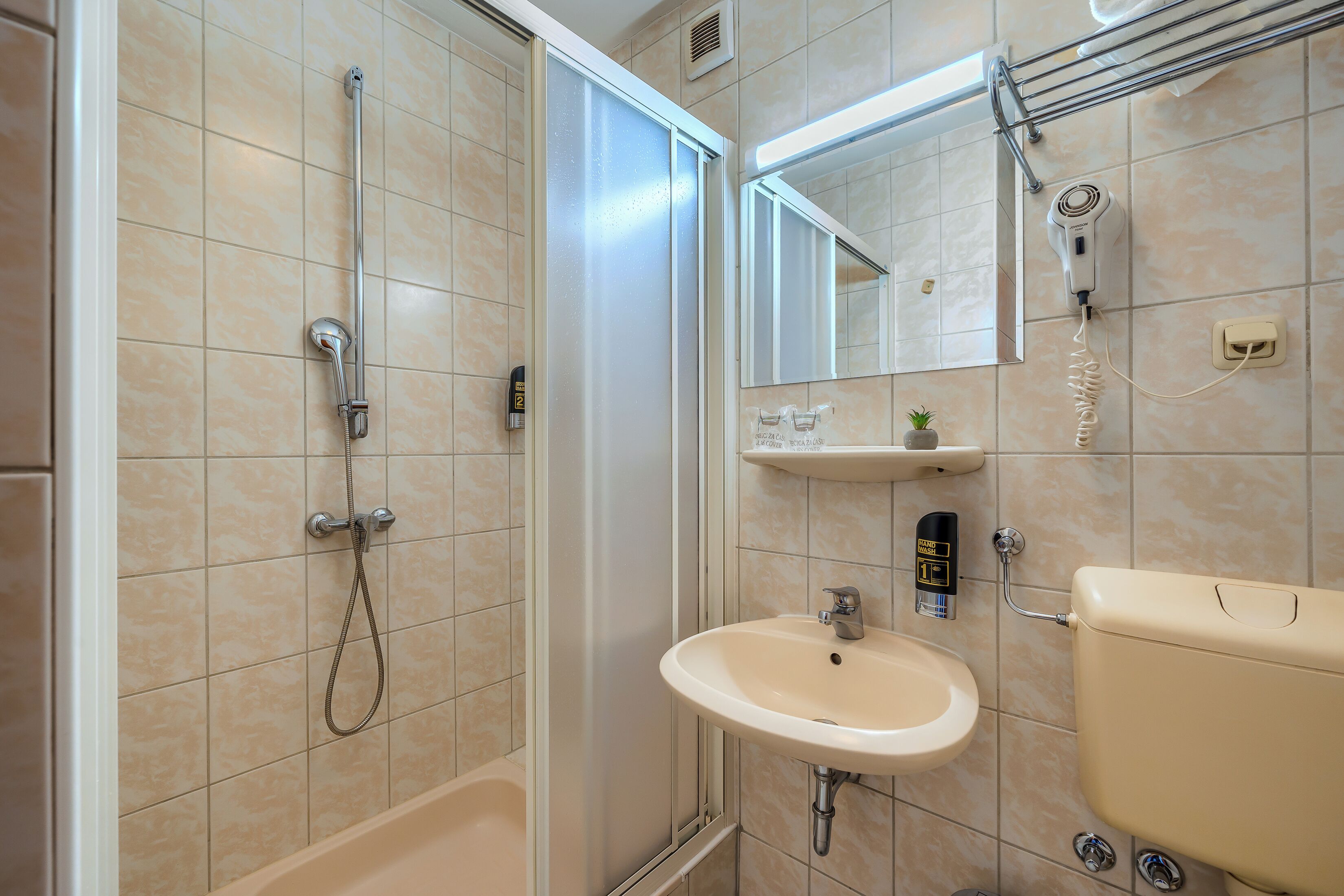 A bathroom with a shower, sink, mirror, and toilet.