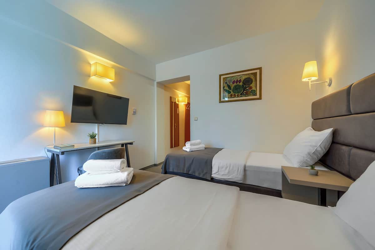 Habitación de hotel con dos camas, un escritorio con televisor de pantalla plana, lámparas de noche, un cuadro y una planta pequeña.