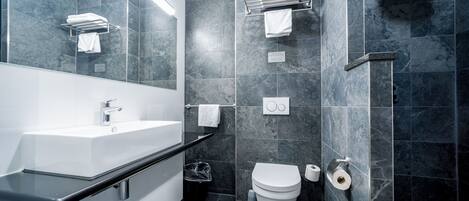 Shower, free toiletries, hair dryer, towels