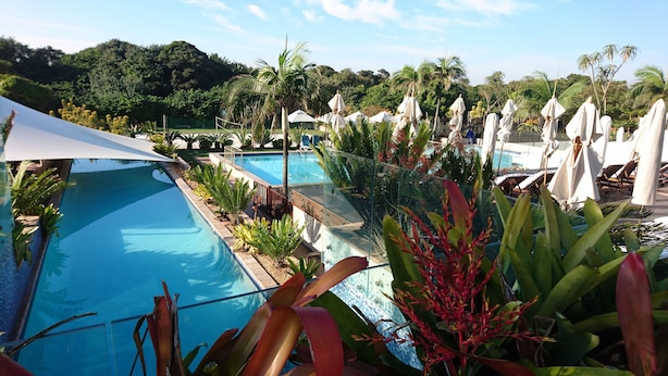 Zona de piscina con sillones de playa y sombrillas, rodeada de plantas tropicales.