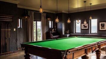 A billiards room with a green pool table, hanging light fixtures, and framed pictures on the walls.