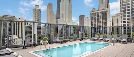 Seasonal outdoor pool, pool loungers