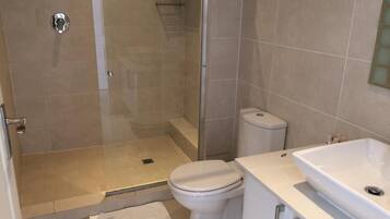 Een badkamer met douche, toilet en wastafel.