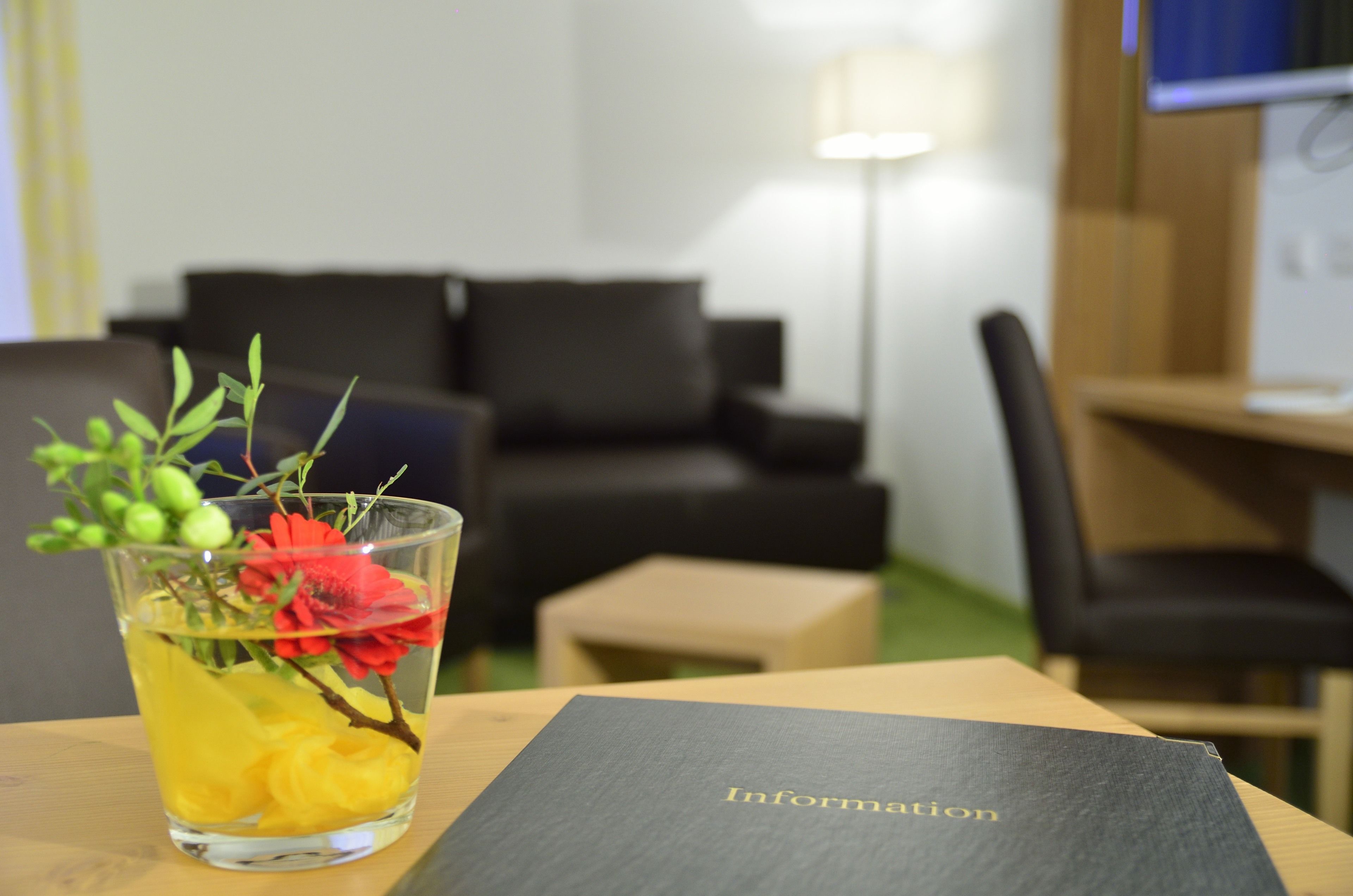 Un vaso de agua con flores sobre una mesa, junto a un libro titulado “Information”. Se observa una habitación con un sofá y una lámpara.