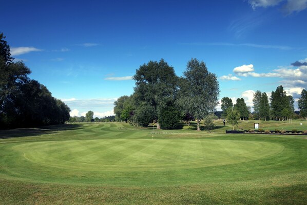 Un campo de golf con un césped bien cuidado, árboles y un cielo azul despejado.