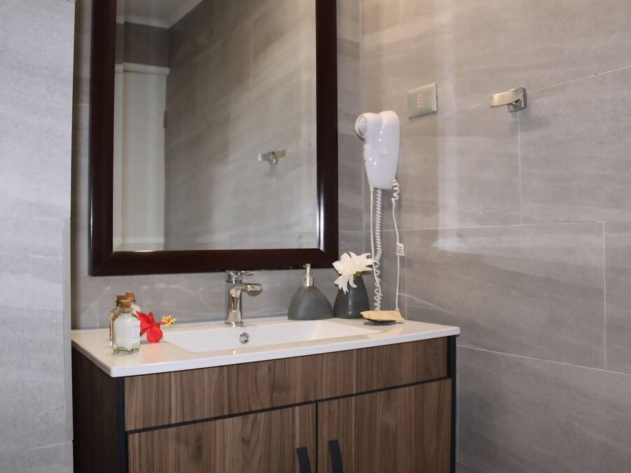 A bathroom with a large mirror, a white sink, and a hairdryer mounted on the wall.