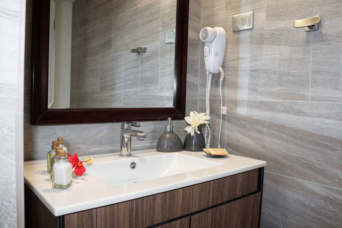 shower, designer toiletries, hair dryer, heated floors