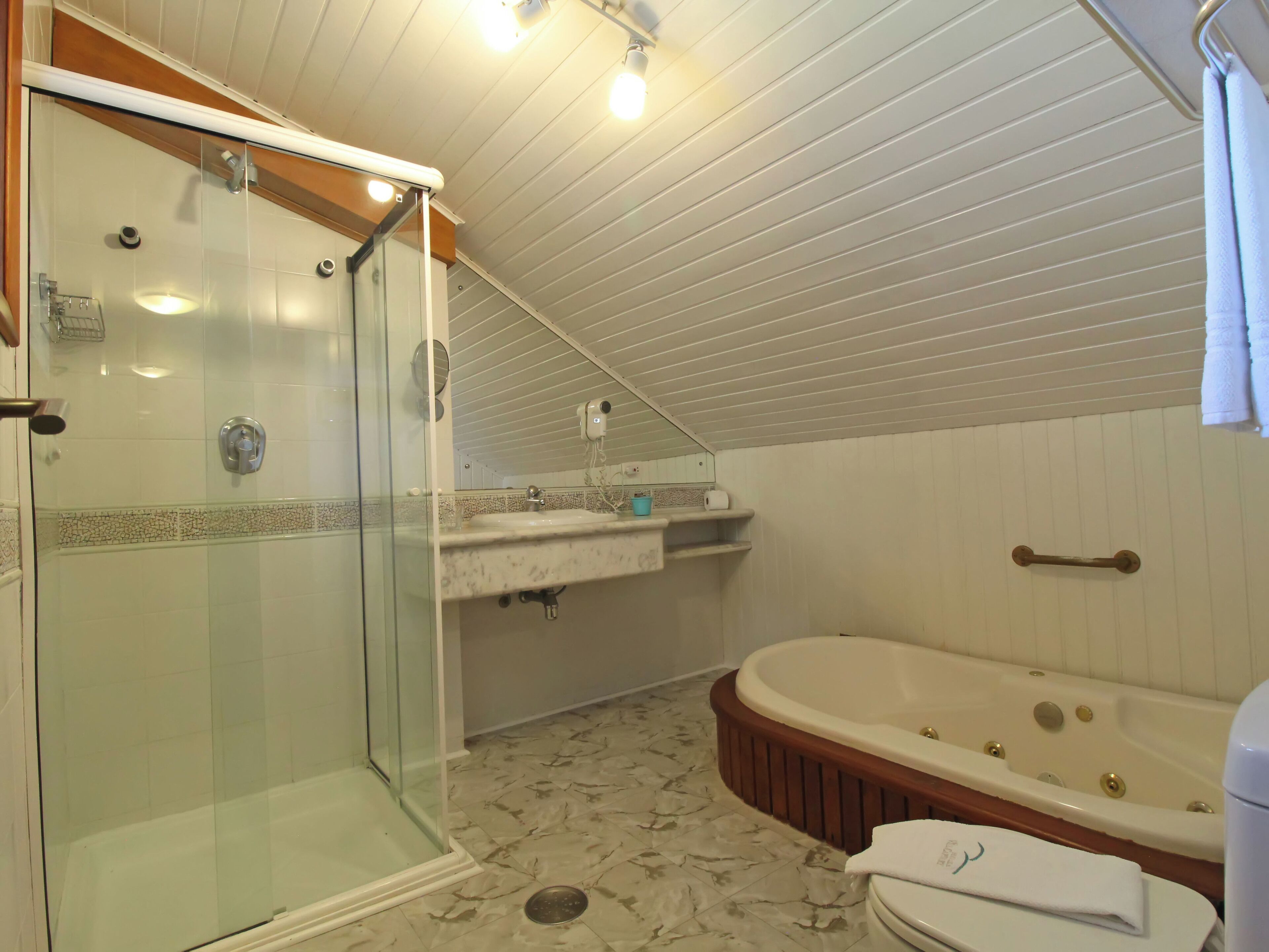 A bathroom with a glass shower enclosure, a sink with a mirror, a bathtub, and a toilet.