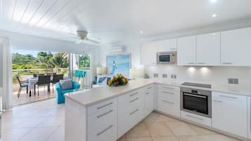 Full-sized fridge, microwave, oven, stovetop