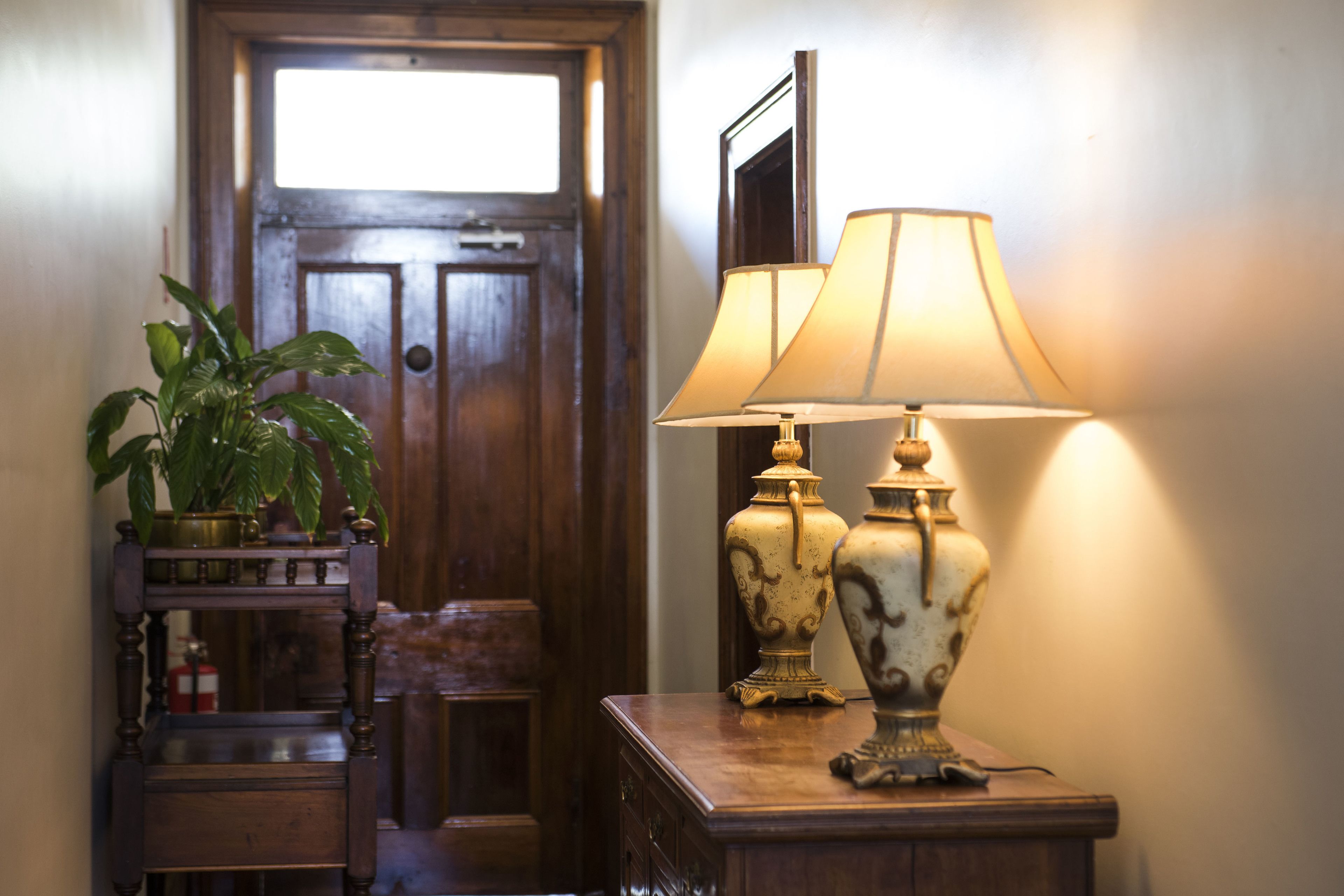 Una puerta de madera, una planta en maceta y dos lámparas decorativas sobre una mesa de madera.