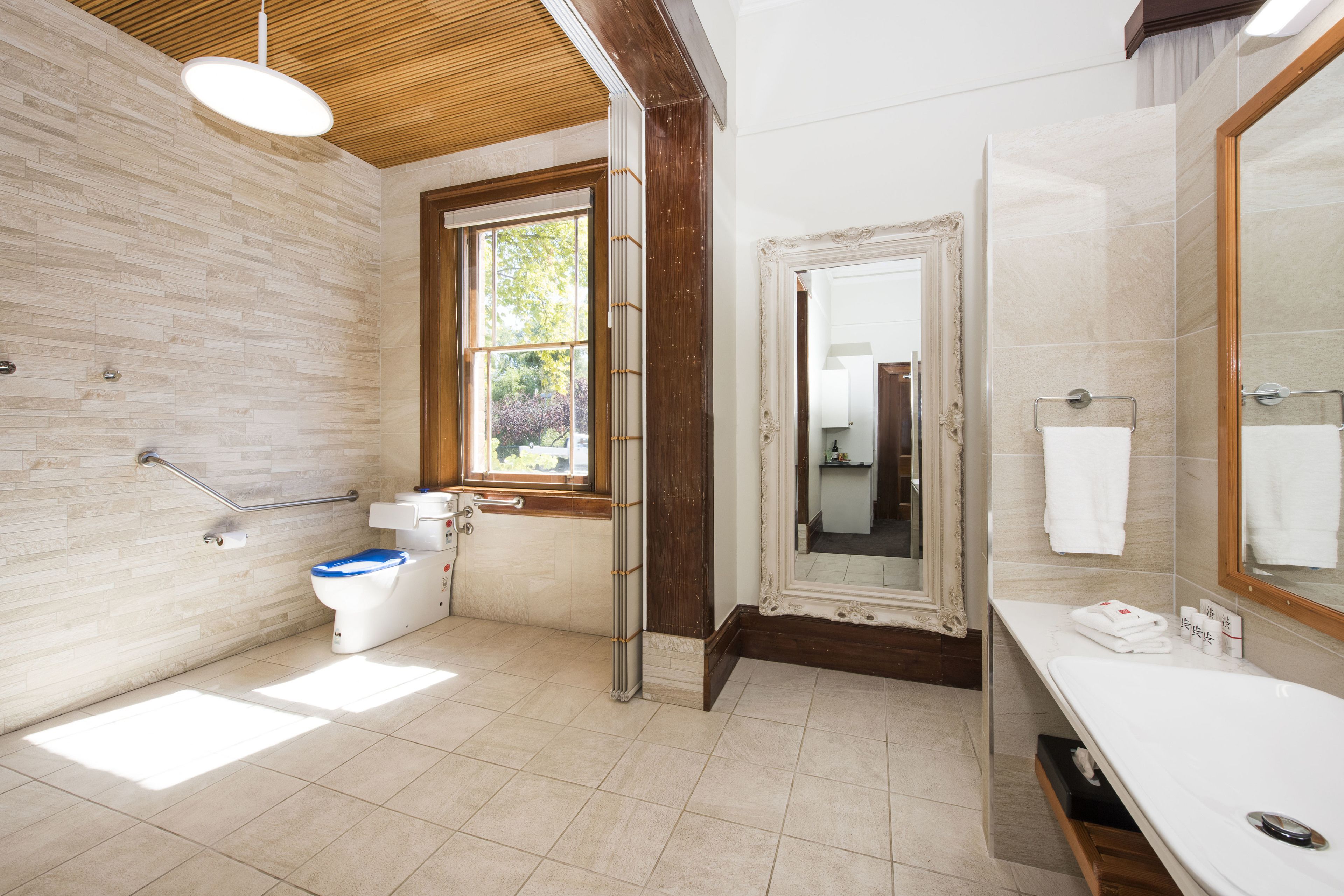 suite 5 - queen accessible suite | bathroom | rainfall showerhead, free toiletries, hair dryer, bathrobes