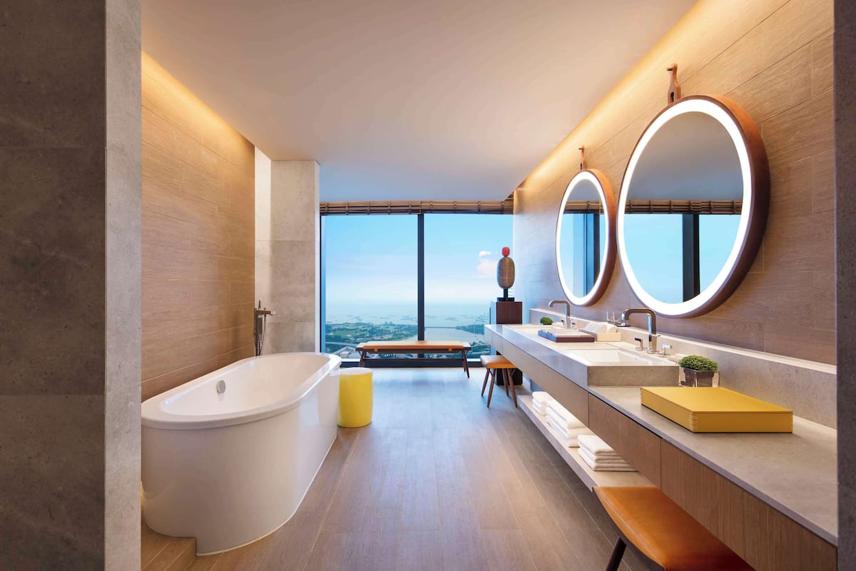 andaz, large suite, 1 king bed | bathroom | designer toiletries, hair dryer, bathrobes, slippers