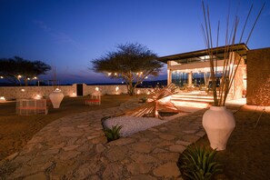 A modern building with a stone pathway leading to the entrance, surrounded by potted plants and decorative lighting.
