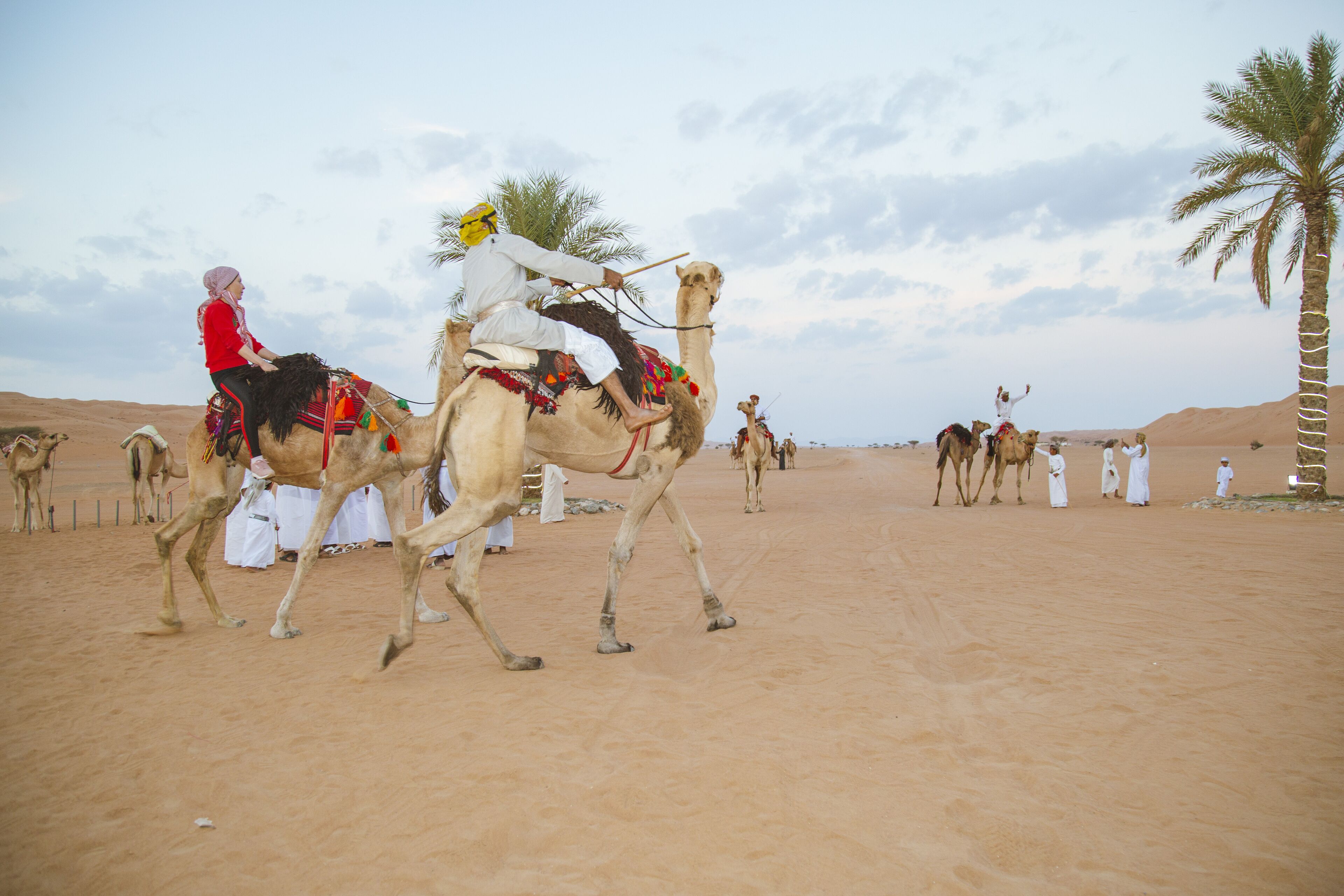 A desert landscape with camels and riders.